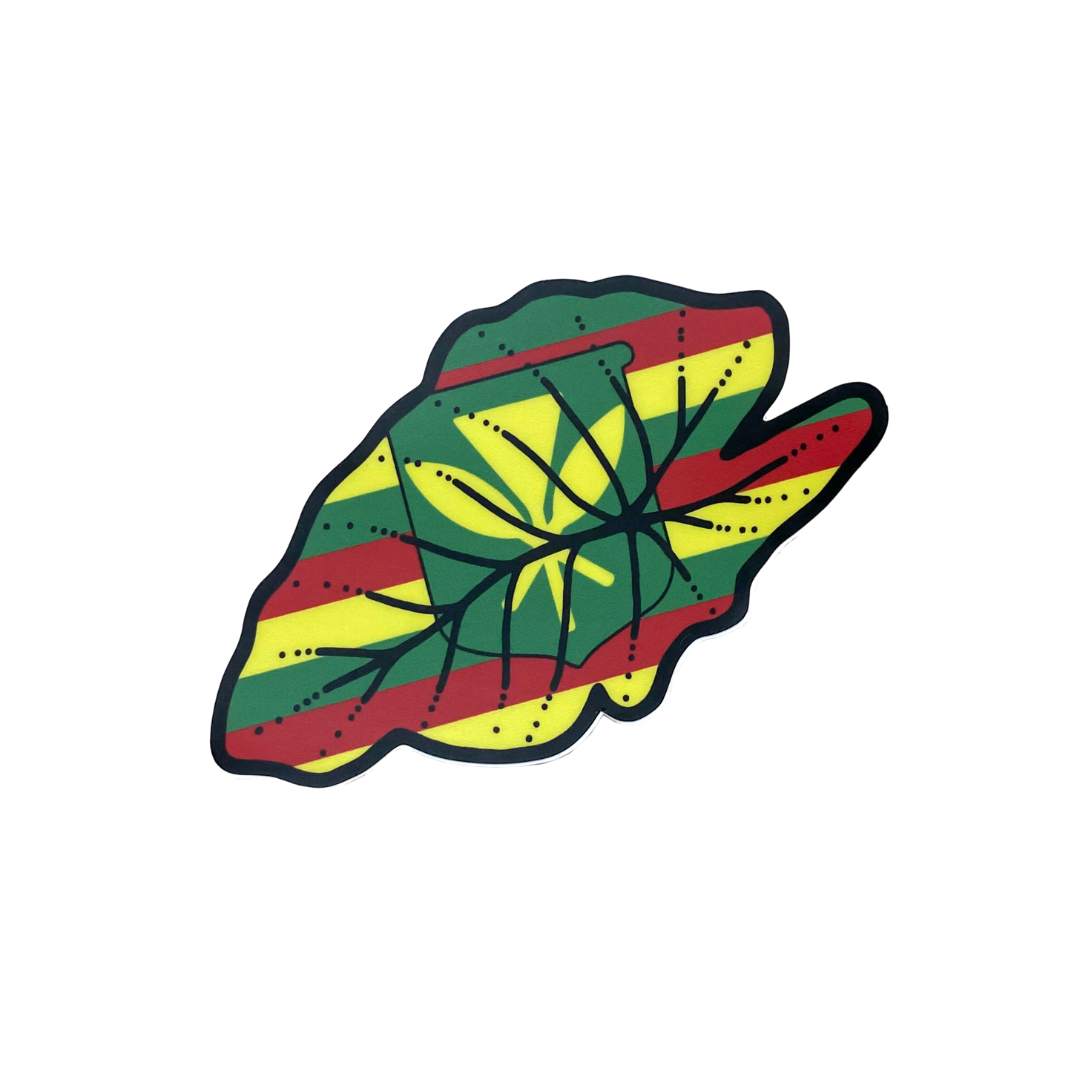 A sticker with the kanaka maoli flag in the outline of a kalo leaf, emphasizing a connection to the nature of Hawai'i