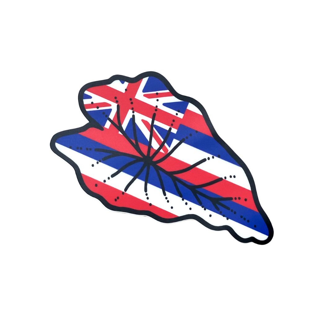 Sticker featuring the Hawaiian flag creatively outlined in the shape of a kalo leaf