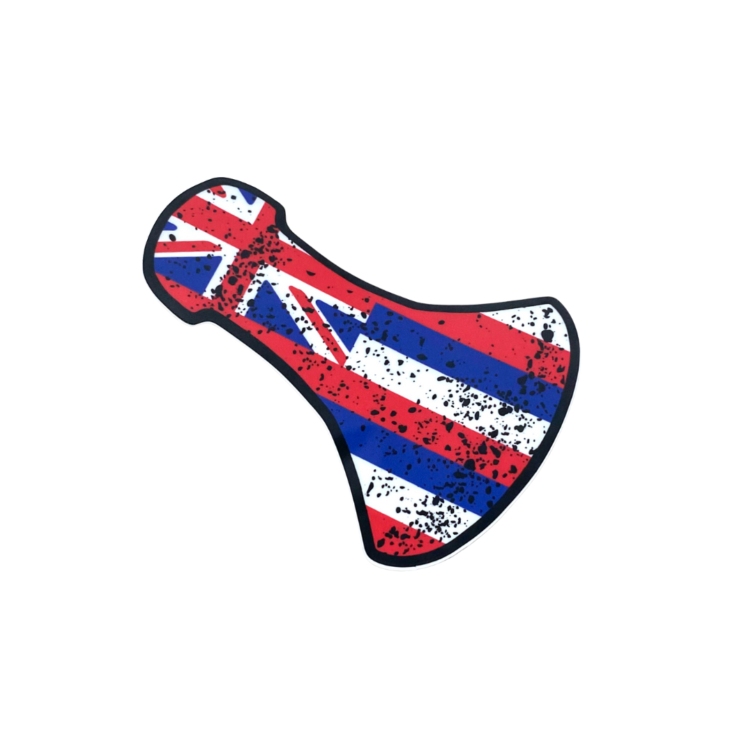 Illustration of a Hawaiian flag-themed shape resembling a traditional Hawaiian war club, featuring red, white, and blue stripes with a Union Jack in the corner, overlaid with a distressed, speckled black texture.