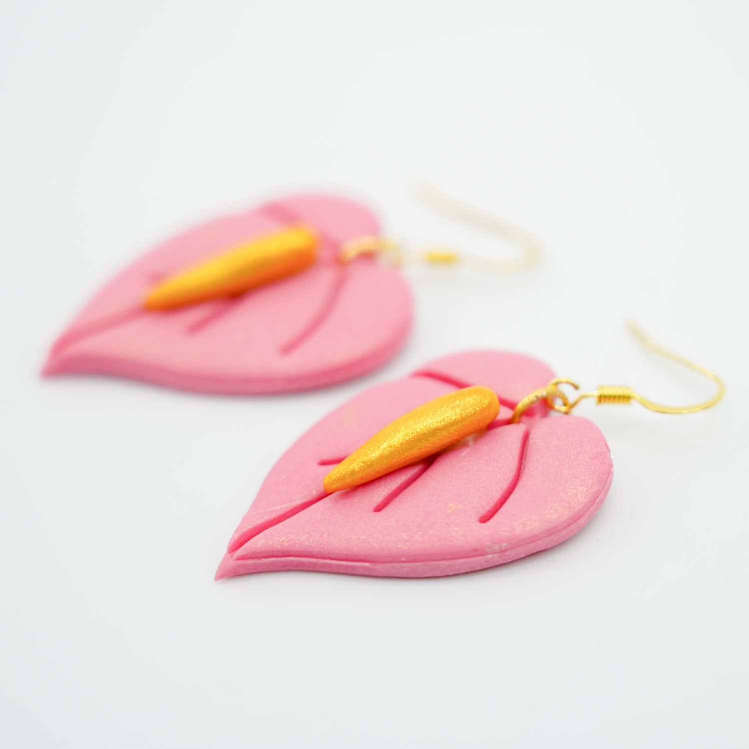 Pink Anthurium Clay Gold Hook Earrings