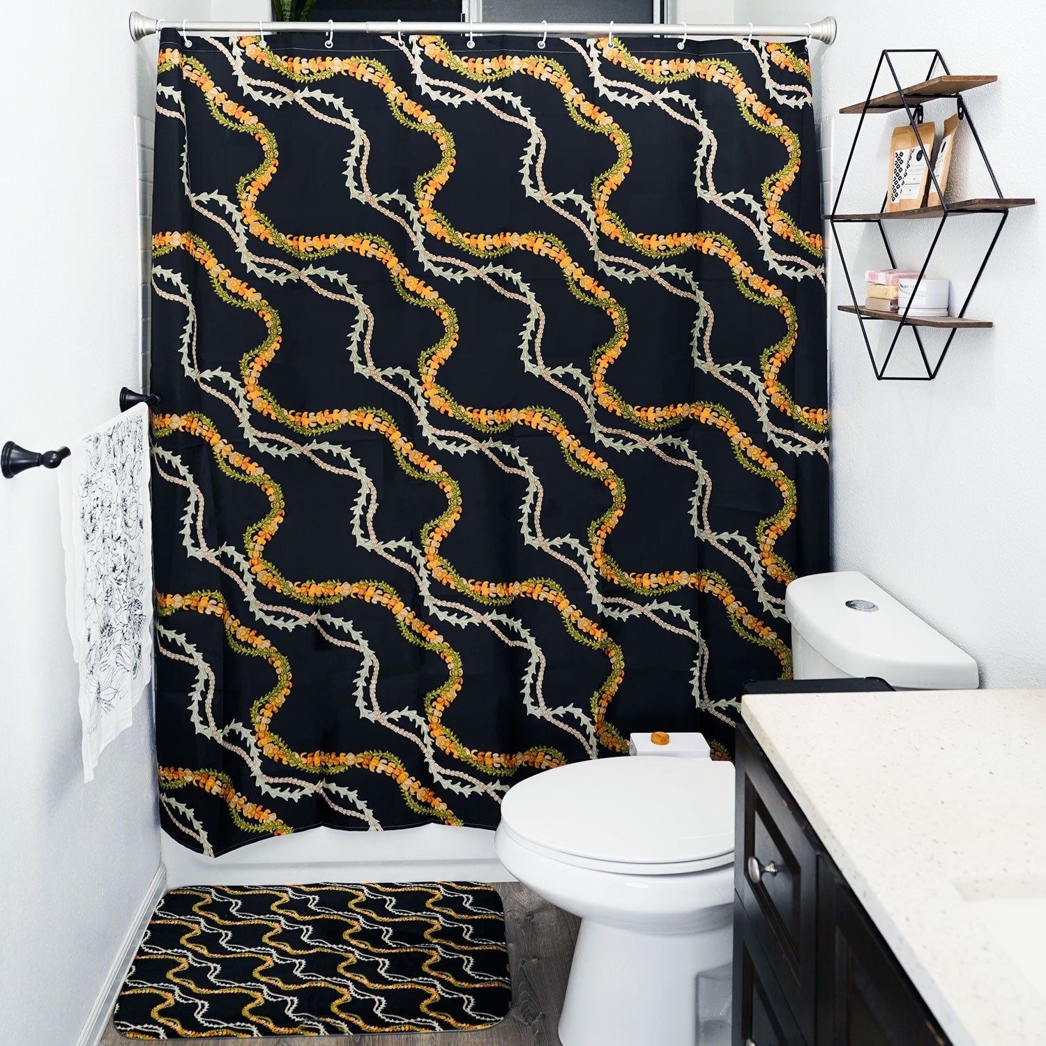 Deluxe Hawaiian Lei Shower Curtain & Bath Mat Set - Black