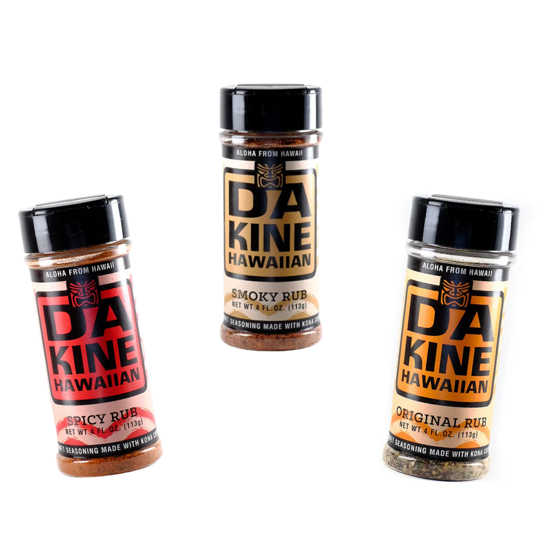 Da Kine Hawaiian seasoning displayed in a jar, with a bright label illustrating its tropical essence and key ingredients