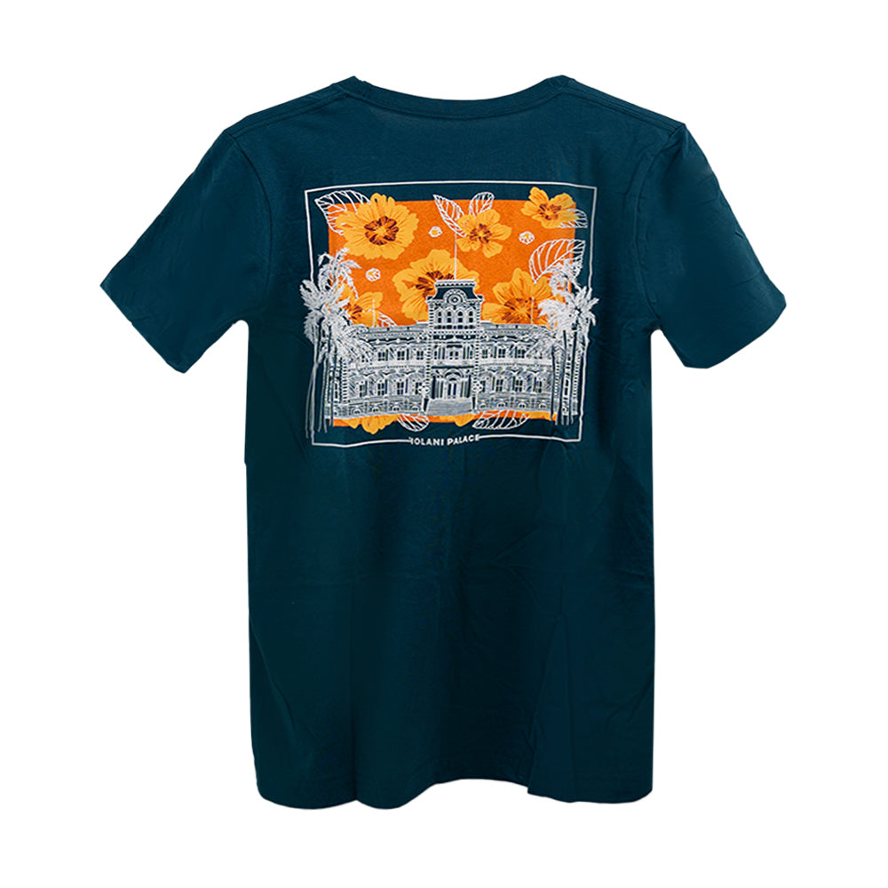 Back view of a dark teal t-shirt featuring an illustration of ʻIolani Palace in white line art. The palace is framed by palm trees and tropical foliage, set against a vibrant orange background filled with yellow and red hibiscus flowers. The words “ʻIOLANI PALACE” are printed below the illustration.