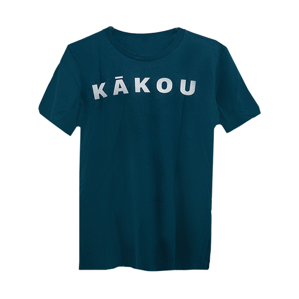 A blue t-shirt featuring the word "kakou" in bold white letters across the front.