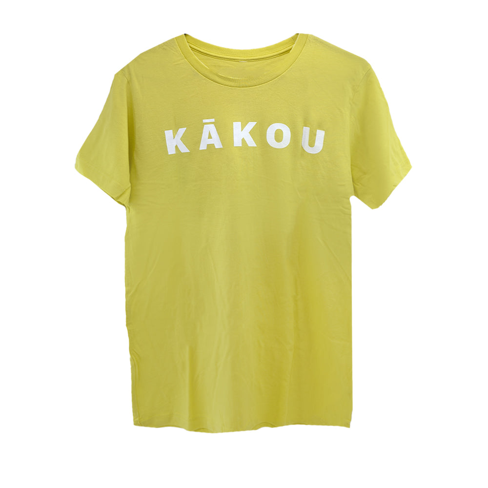 A bright yellow t-shirt with the word "kakou" printed across the chest