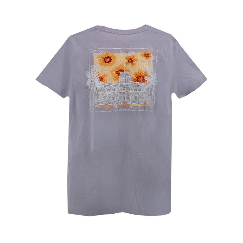 Gray t-shirt featuring a vibrant flower design on the front