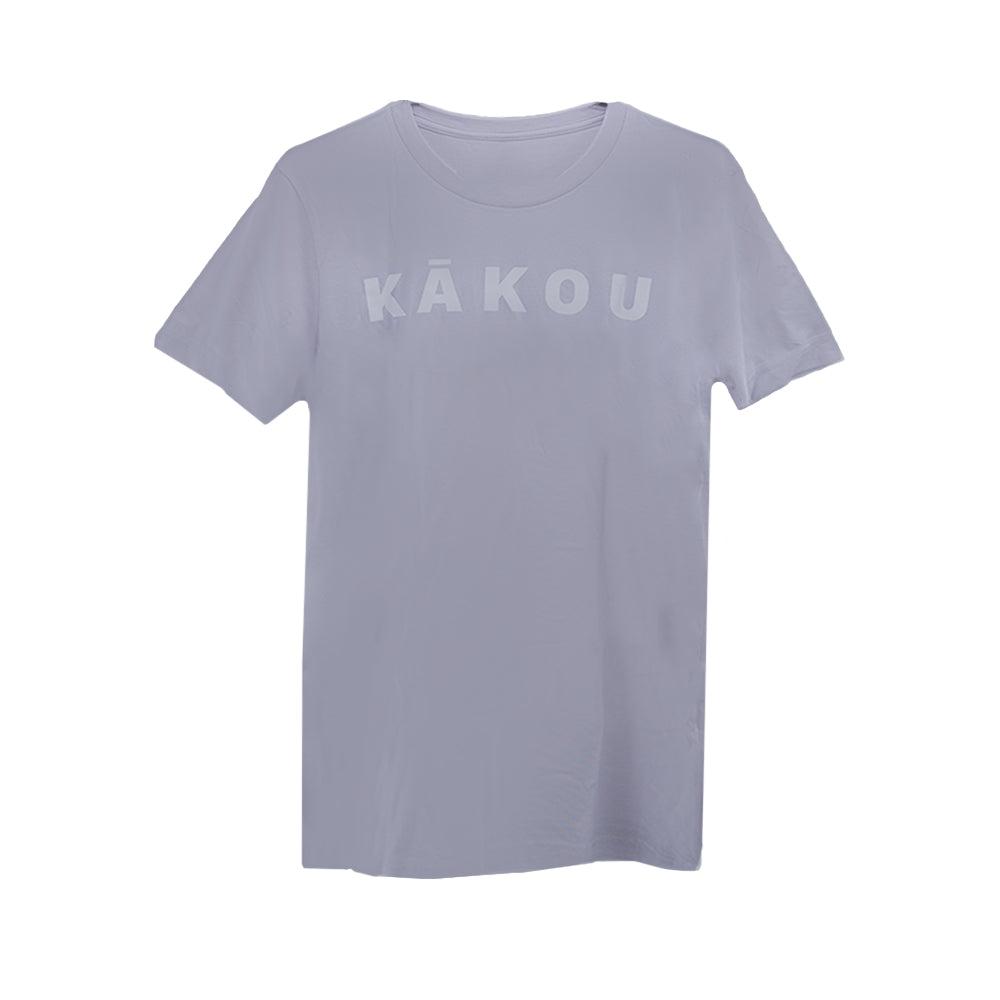 A plain white t-shirt with the word "kakou" displayed in bold letters across the chest