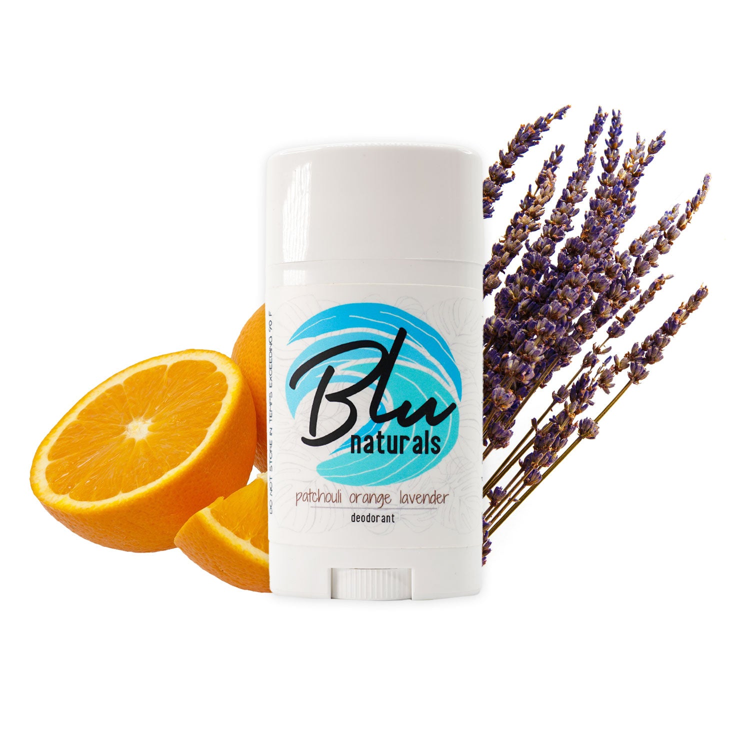 Blu Naturals Patchouli Orange Lavender Deodorant, natural aluminum-free deodorant with essential oils, featuring fresh orange slices and lavender flowers, eco-friendly skincare product