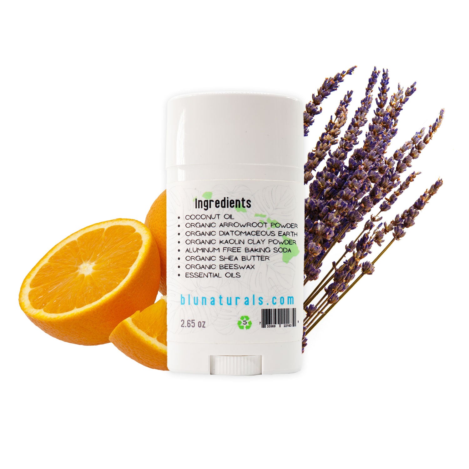 Blu Naturals Patchouli Orange Lavender Deodorant, natural aluminum-free deodorant with essential oils, featuring fresh orange slices and lavender flowers, eco-friendly skincare product