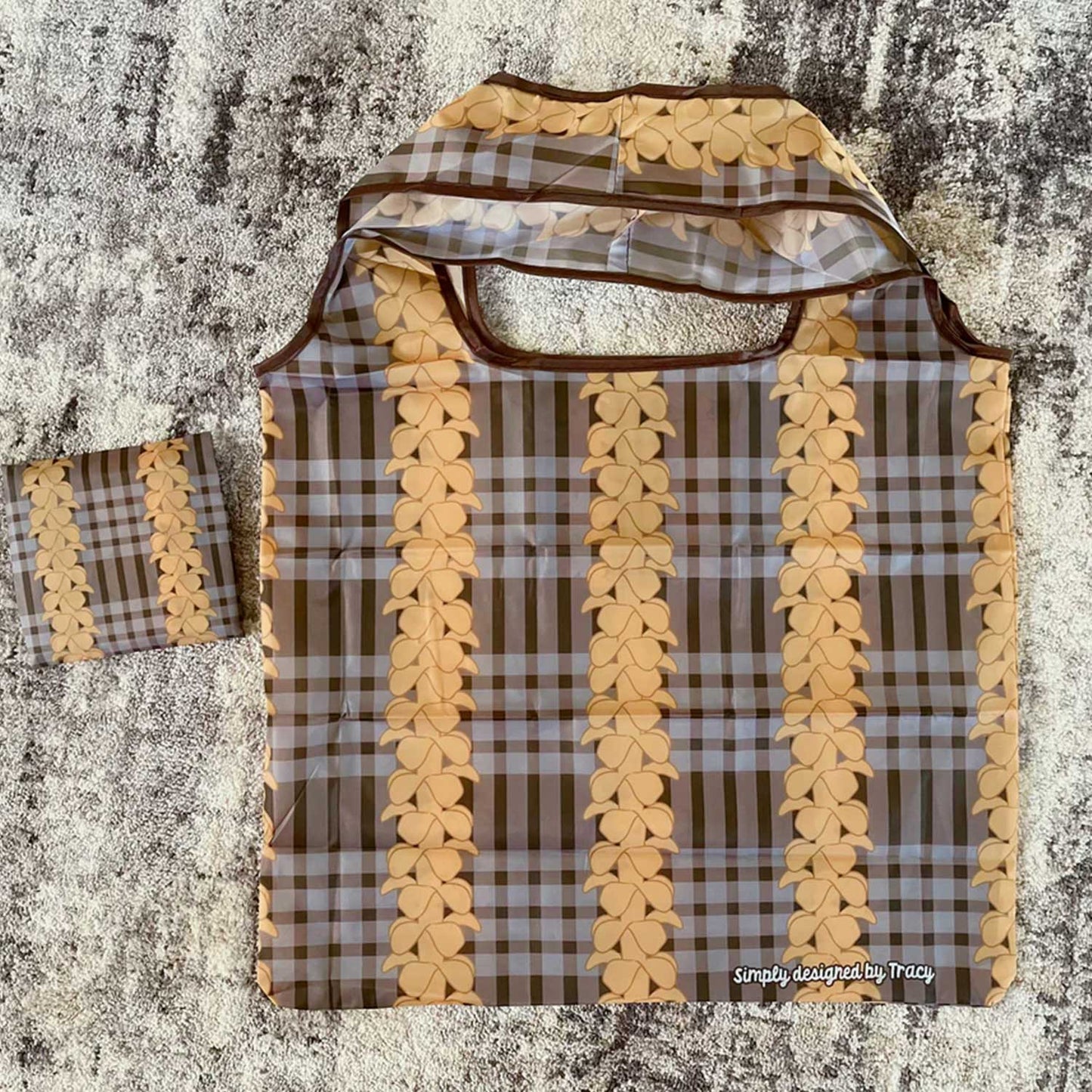 Reusable Foldable Shopping Bag - Brown Palaka & Puakenikei Lei