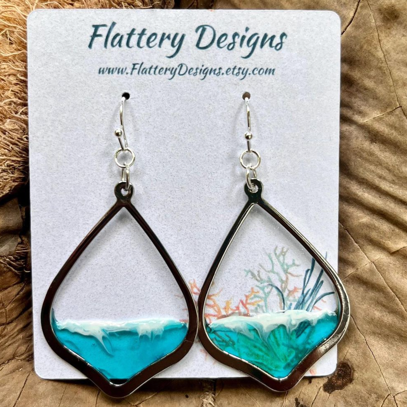Tear Drop Ocean Resin Silver Earrings