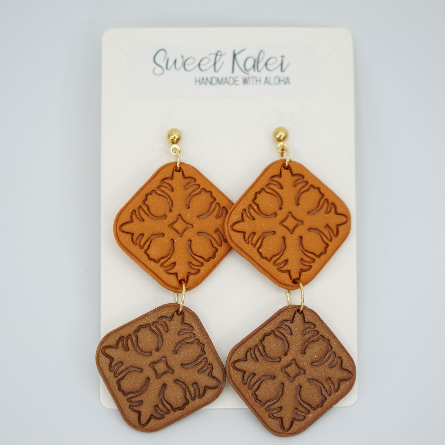Double Pineapple Two Tone Neutral Hawaiian Quilt Earrings