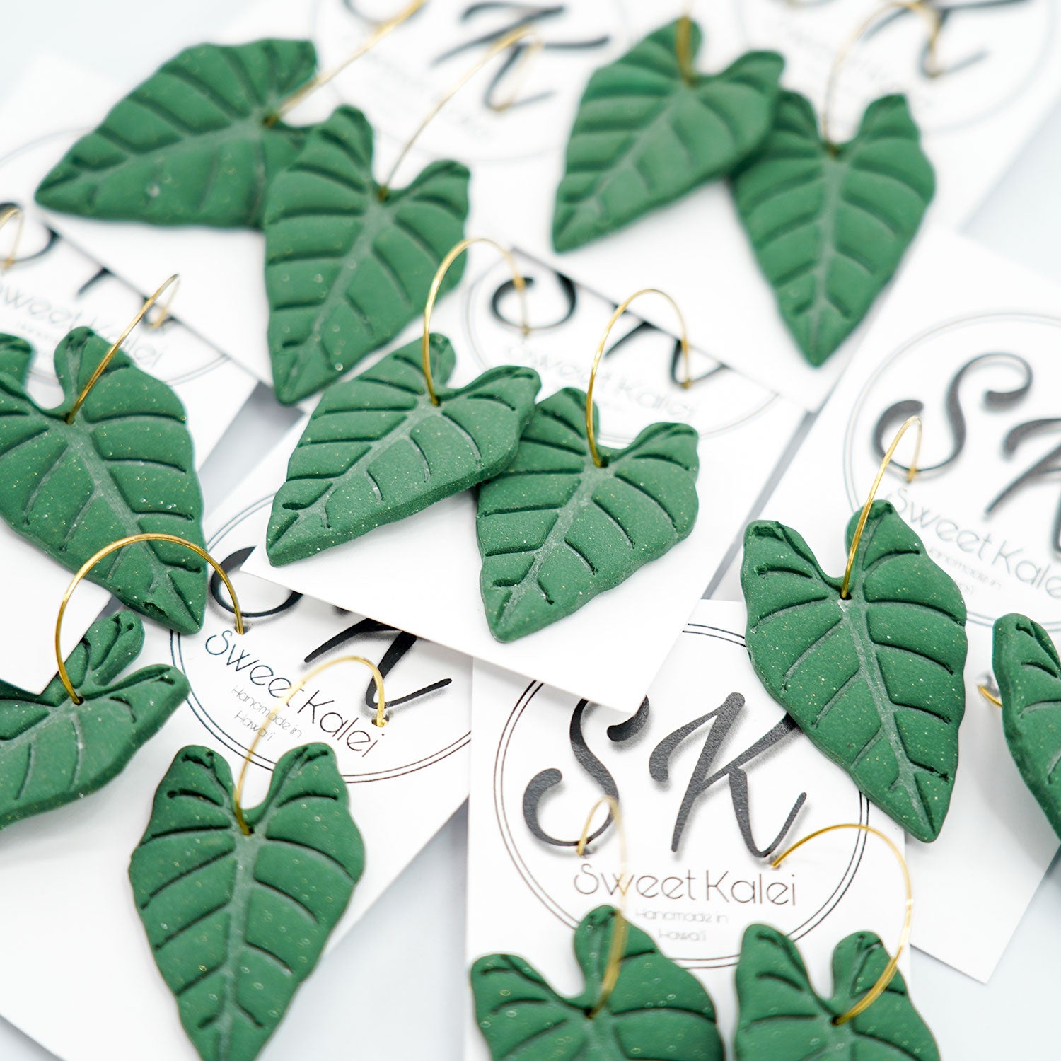 Kalo Leaf Green Clay Gold Hoop Earrings