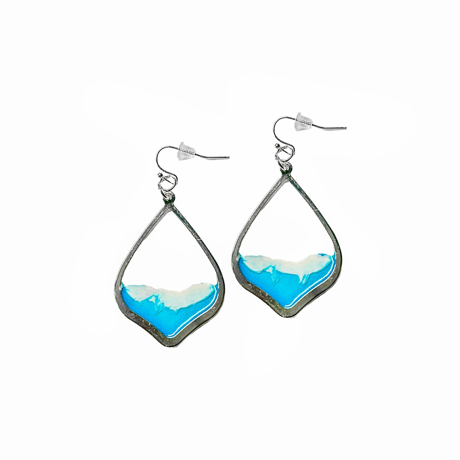 Tear Drop Ocean Resin Silver Earrings