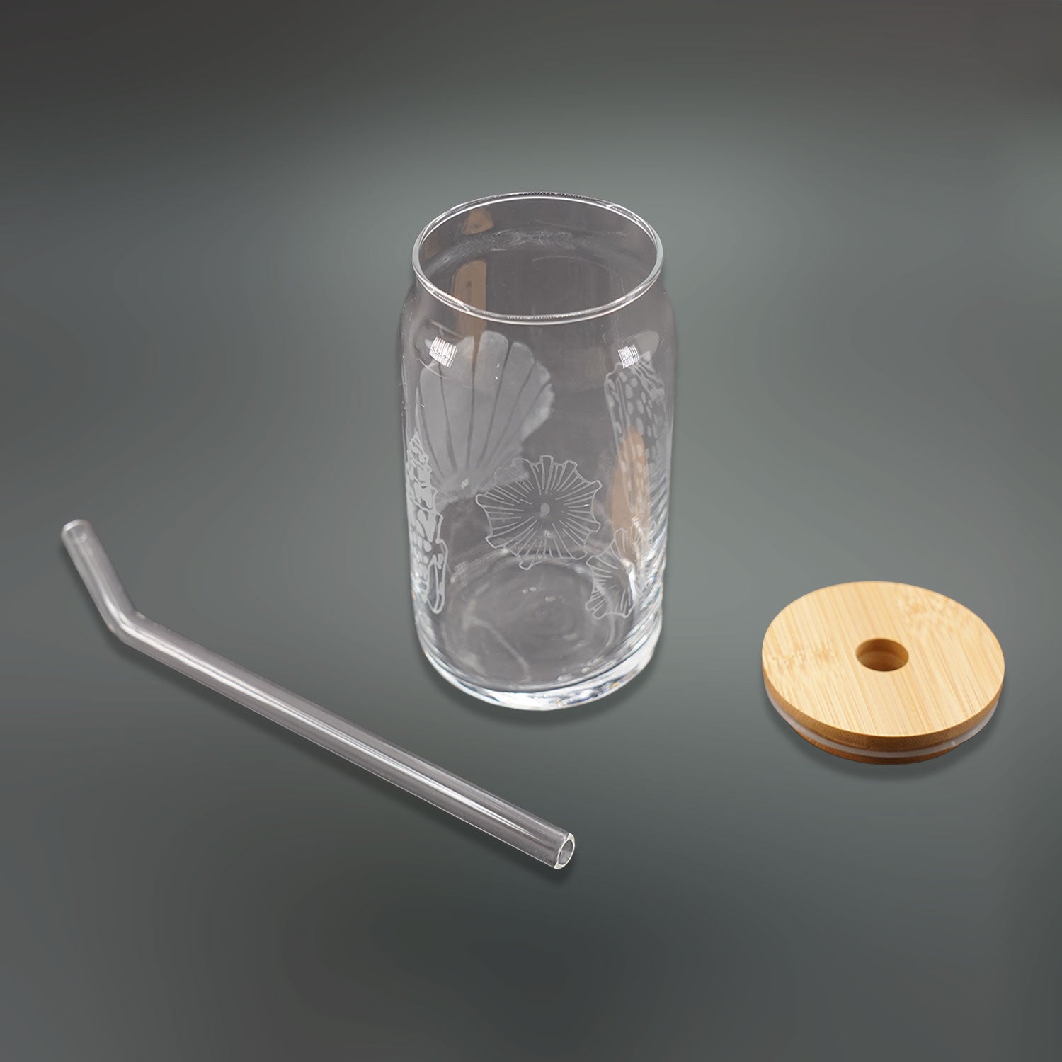 Hand Etched 16 oz Glass Tumbler with Lid & Straw - Seashell