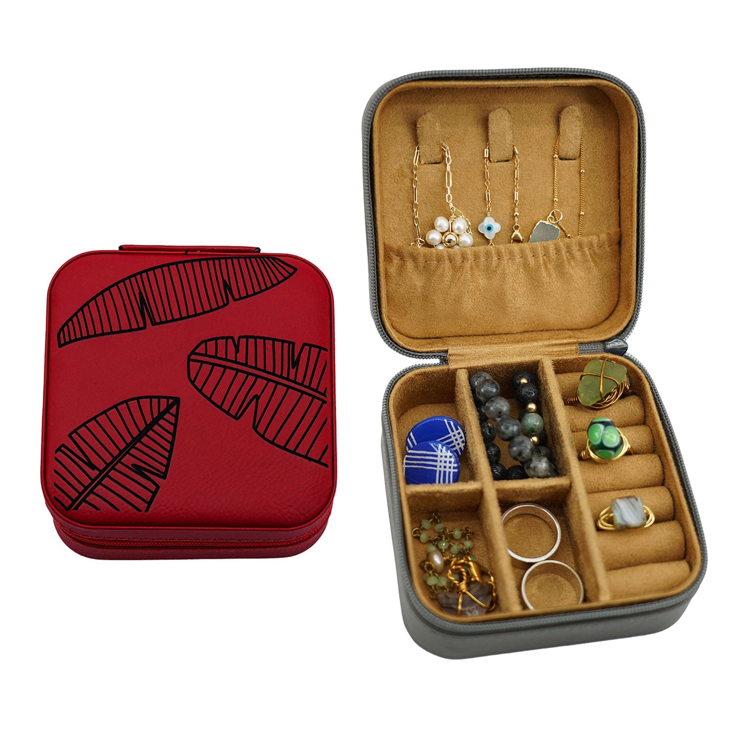 Faux Leather Zippered Travel Jewelry Box - Banana Leaf
