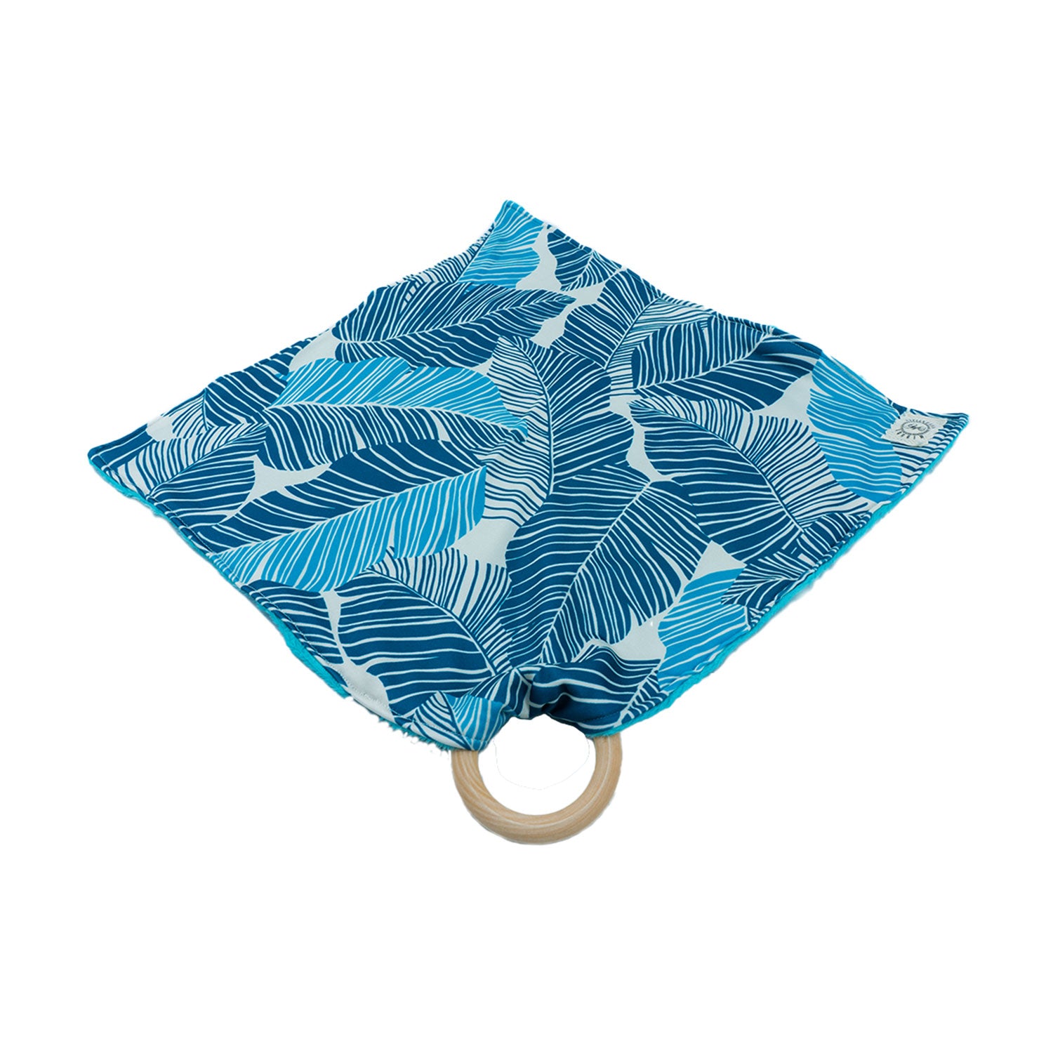 Minky Lovey Blanket with Detachable Wooden Teether Blue Leaf