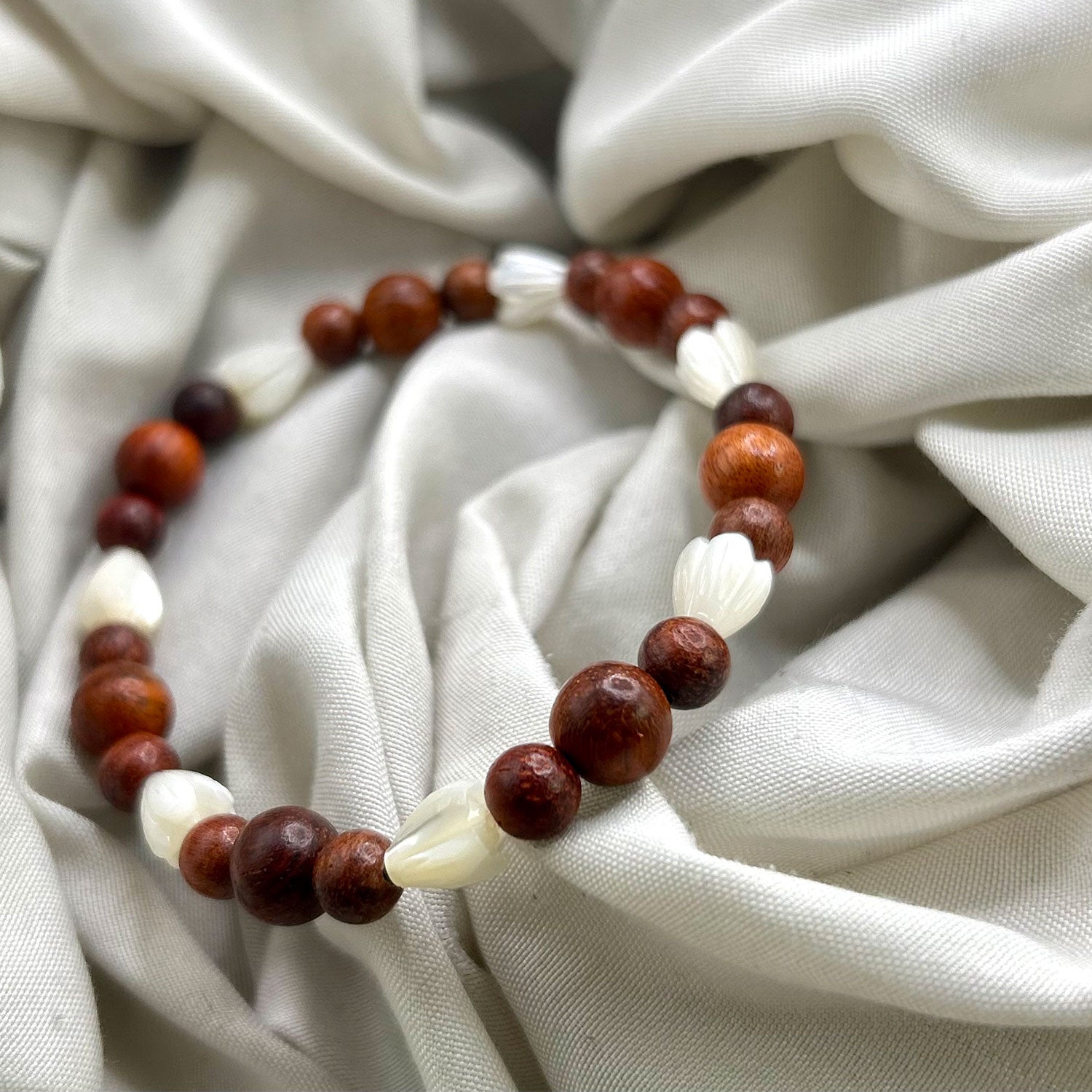 Sandalwood & Carved Mother of Pearl Bead Bracelet