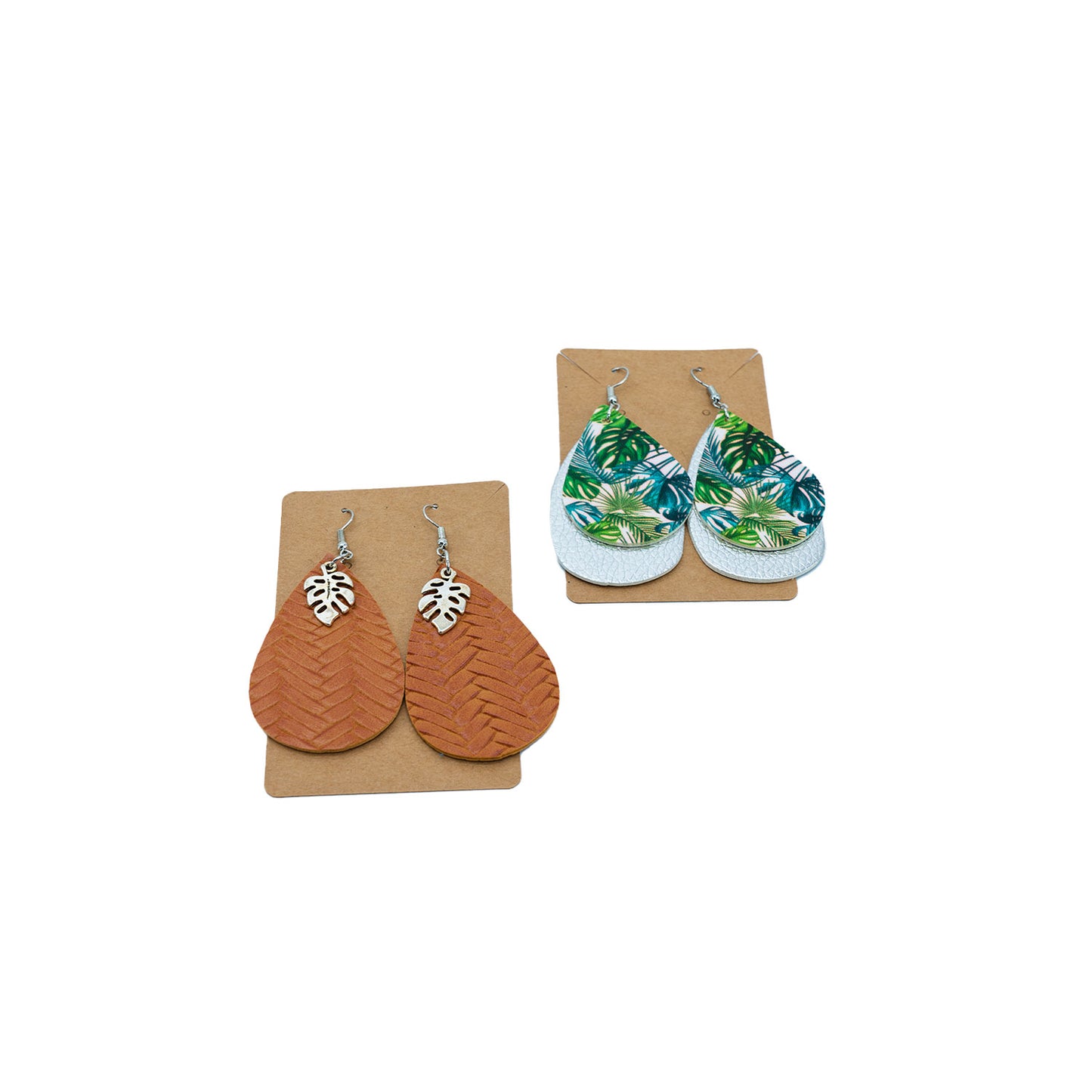Faux Leather Dangle Earrings - Jungle Monstera & Silver