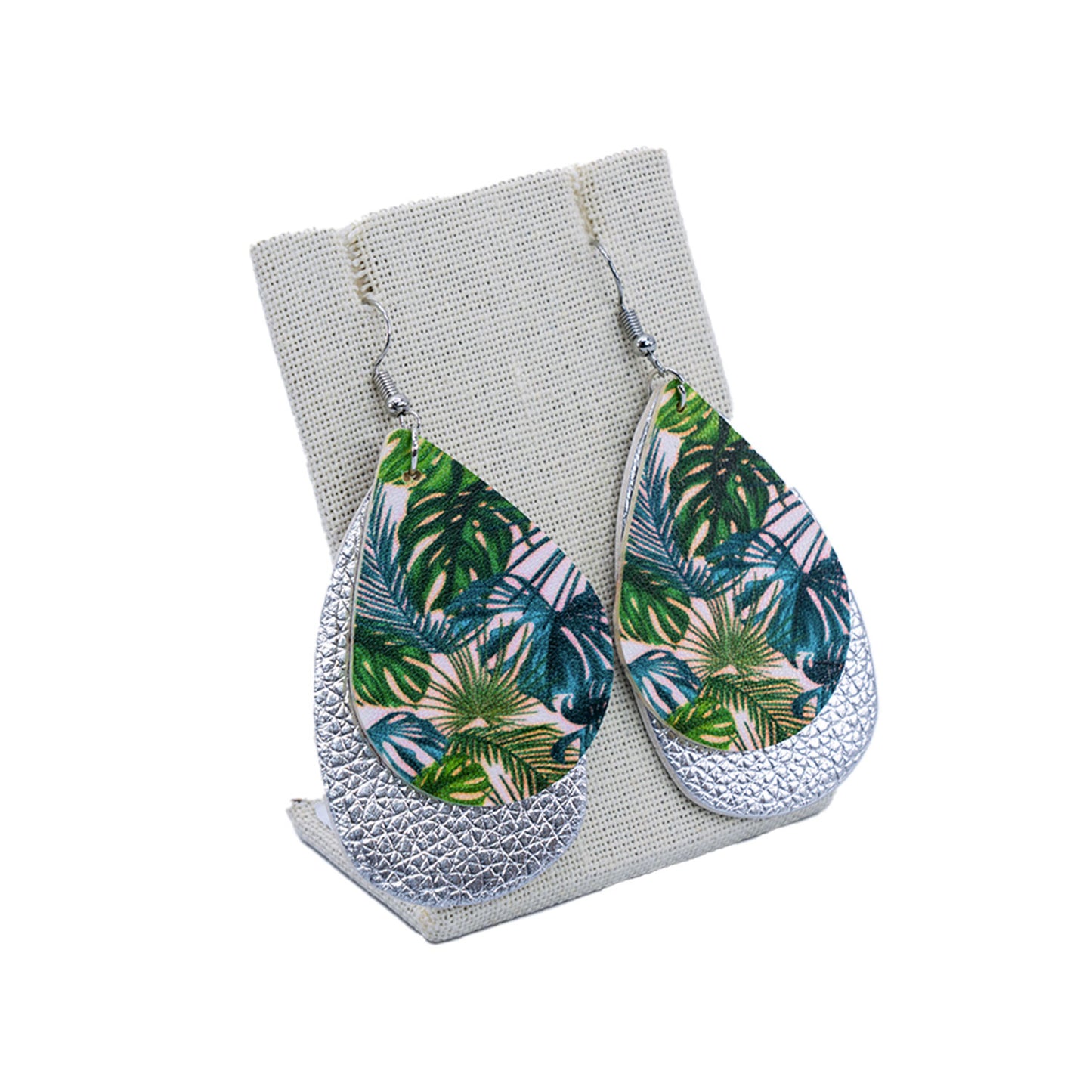 Faux Leather Dangle Earrings - Jungle Monstera & Silver