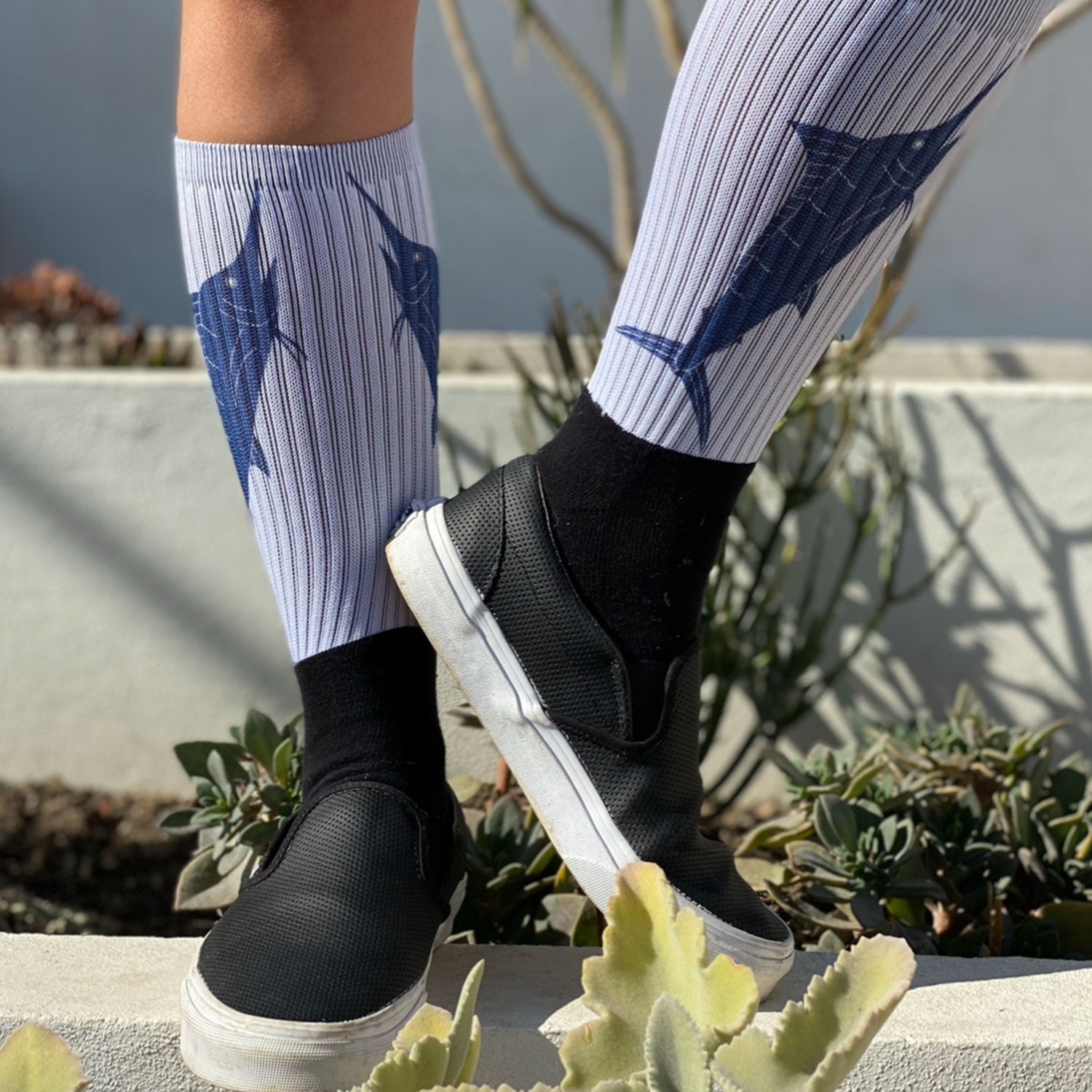 Navy Marlin Handprinted Cotton Athletic Crew Socks