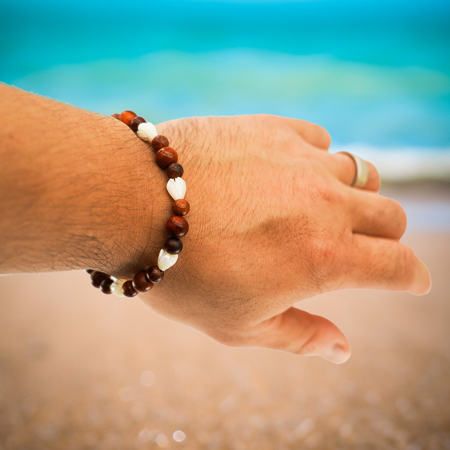 Sandalwood & Carved Mother of Pearl Bead Bracelet