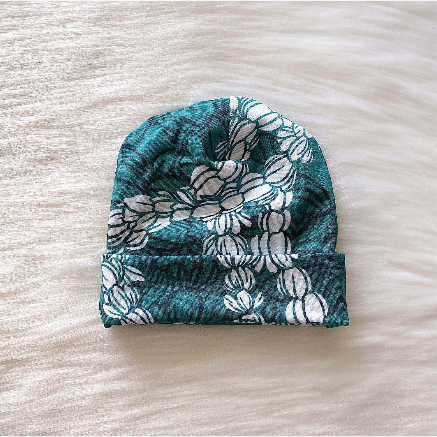 Baby Beanie Modal Fabric Lei Pīkake Print - Peacock