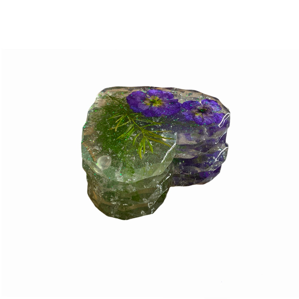 Real Purple Wildflower Handmade Resin Heart Coaster Set
