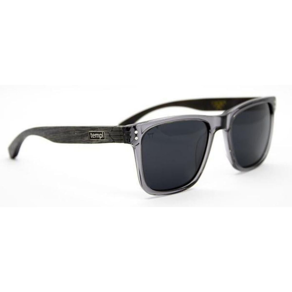 Templ sunglasses with a bold matte black wood-grain arm and sleek smoky grey acetate frame, featuring polarized dark lenses for modern style and all-day comfort.