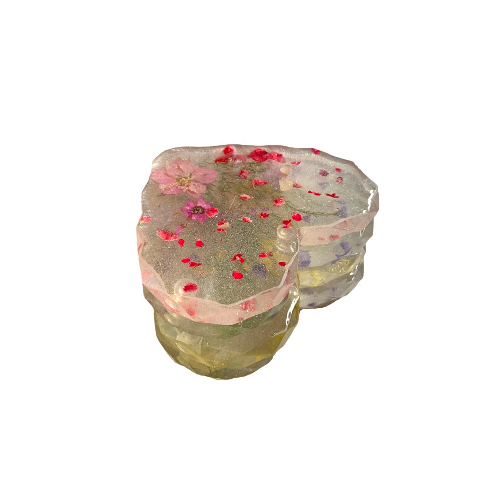 Real Spring Wildflowers Handmade Resin Heart Coaster Set