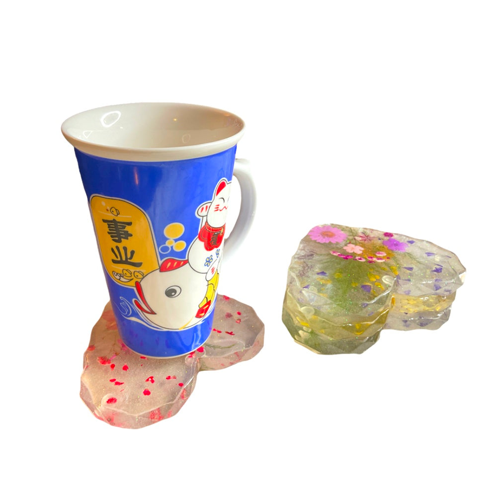 Real Spring Wildflowers Handmade Resin Heart Coaster Set