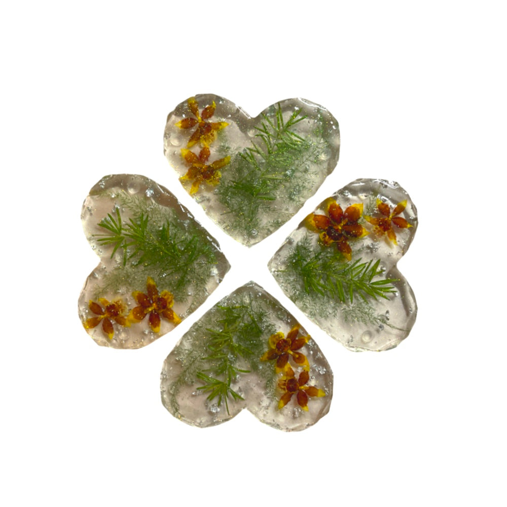 Real Orchid Wildflowers Handmade Resin Heart Coaster Set