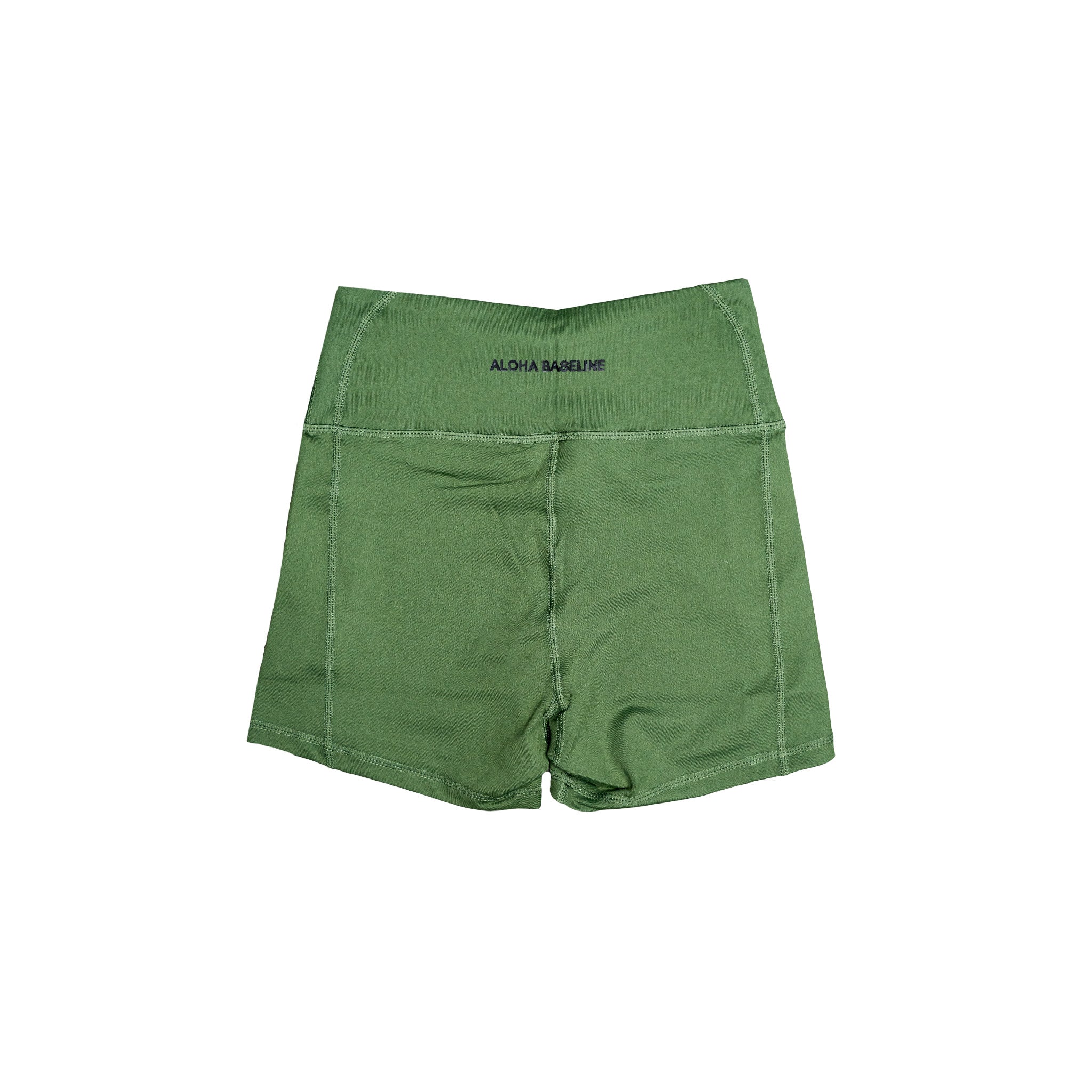 Back view of olive green biker shorts featuring sleek contour stitching and ALOHA BASELINE branding at the waistband. Tailored for comfort and style, made to move with you from gym to street.