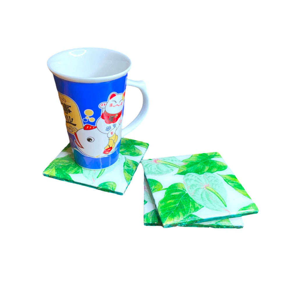 Green Anthurium Ceramic Coaster Set