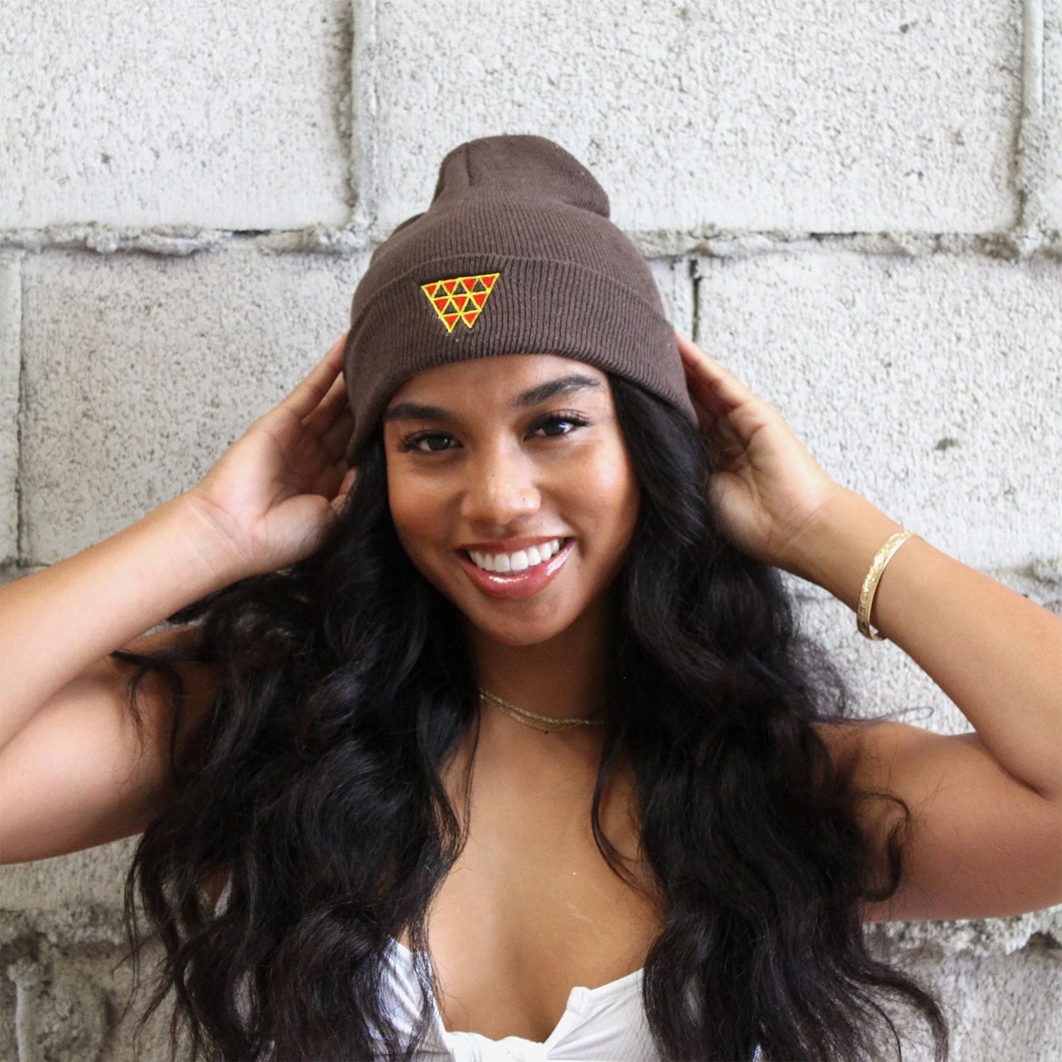 Red Triangle Knitted Cuff Beanie - Gray