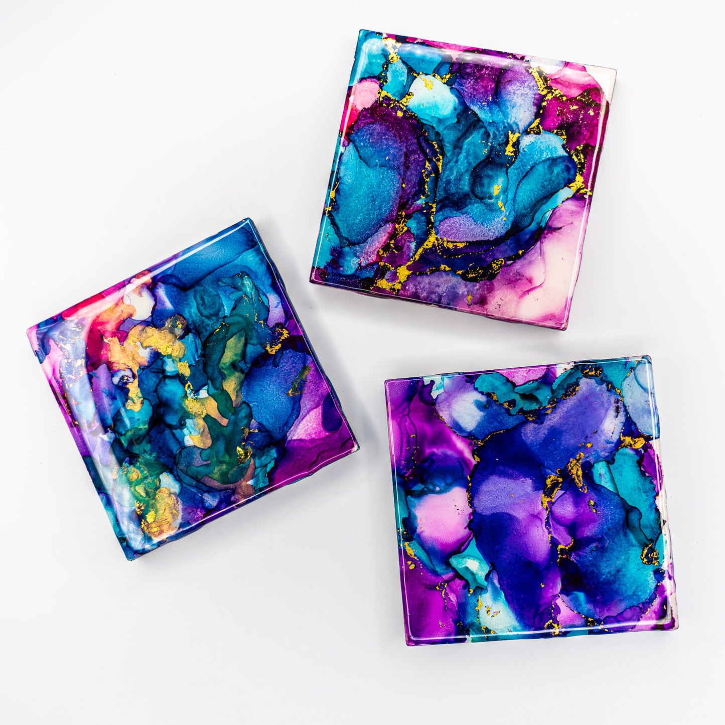 Hand-Painted Original Art Glossy Ceramic Coaster Set "Peacock"