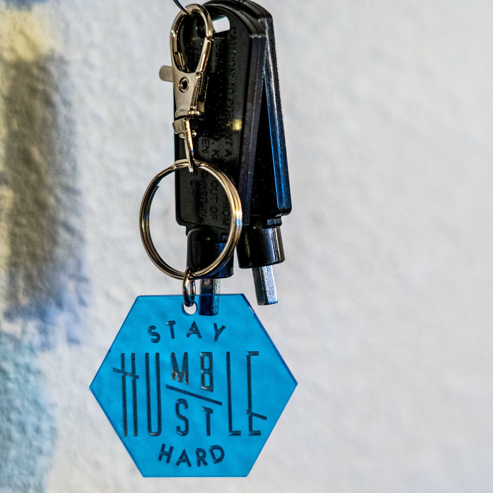 Stay Humble / Hustle Hard Acrylic Hexagon Keychain - Translucent Blue