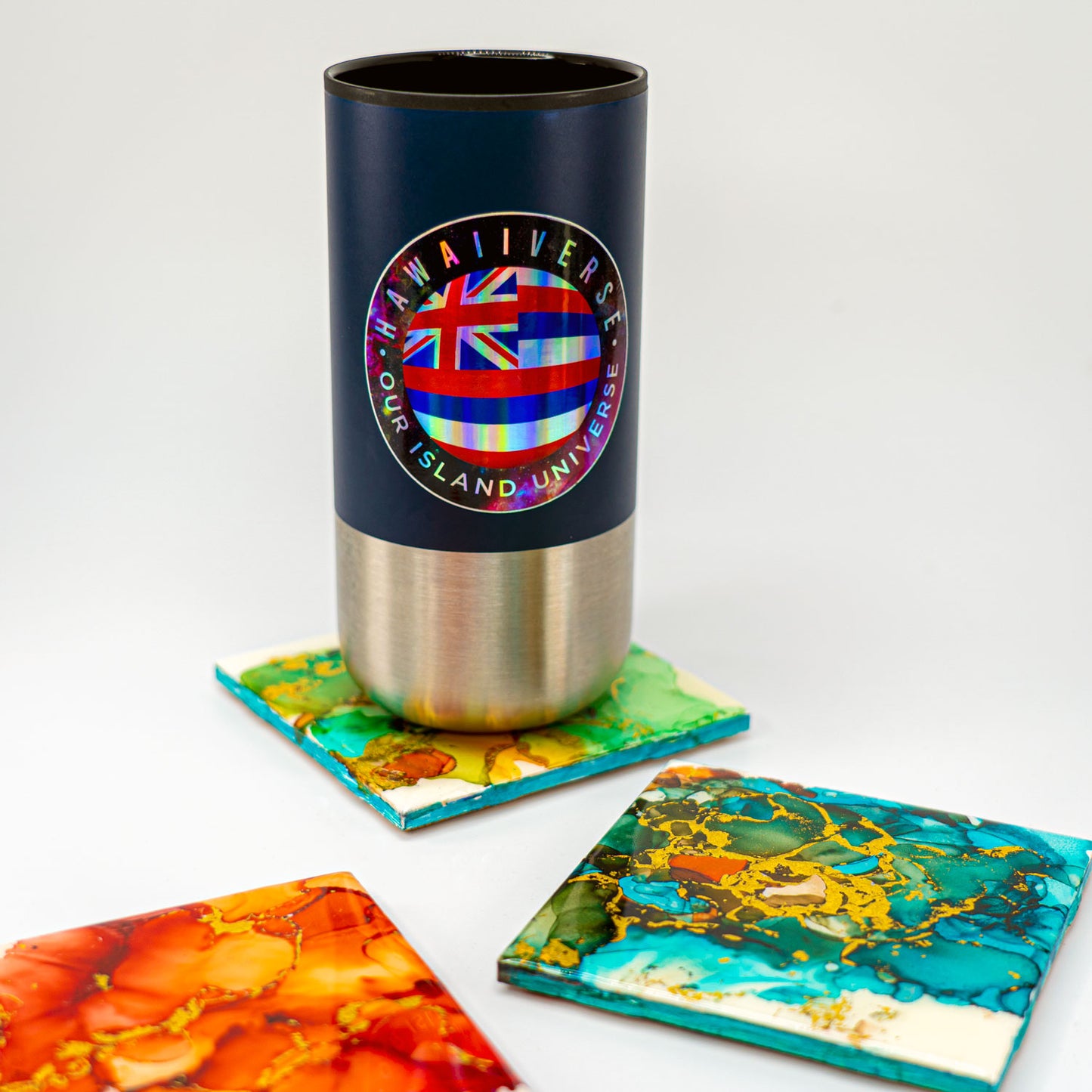 Hand-Painted Original Art Glossy Ceramic Coaster Set "Peacock"