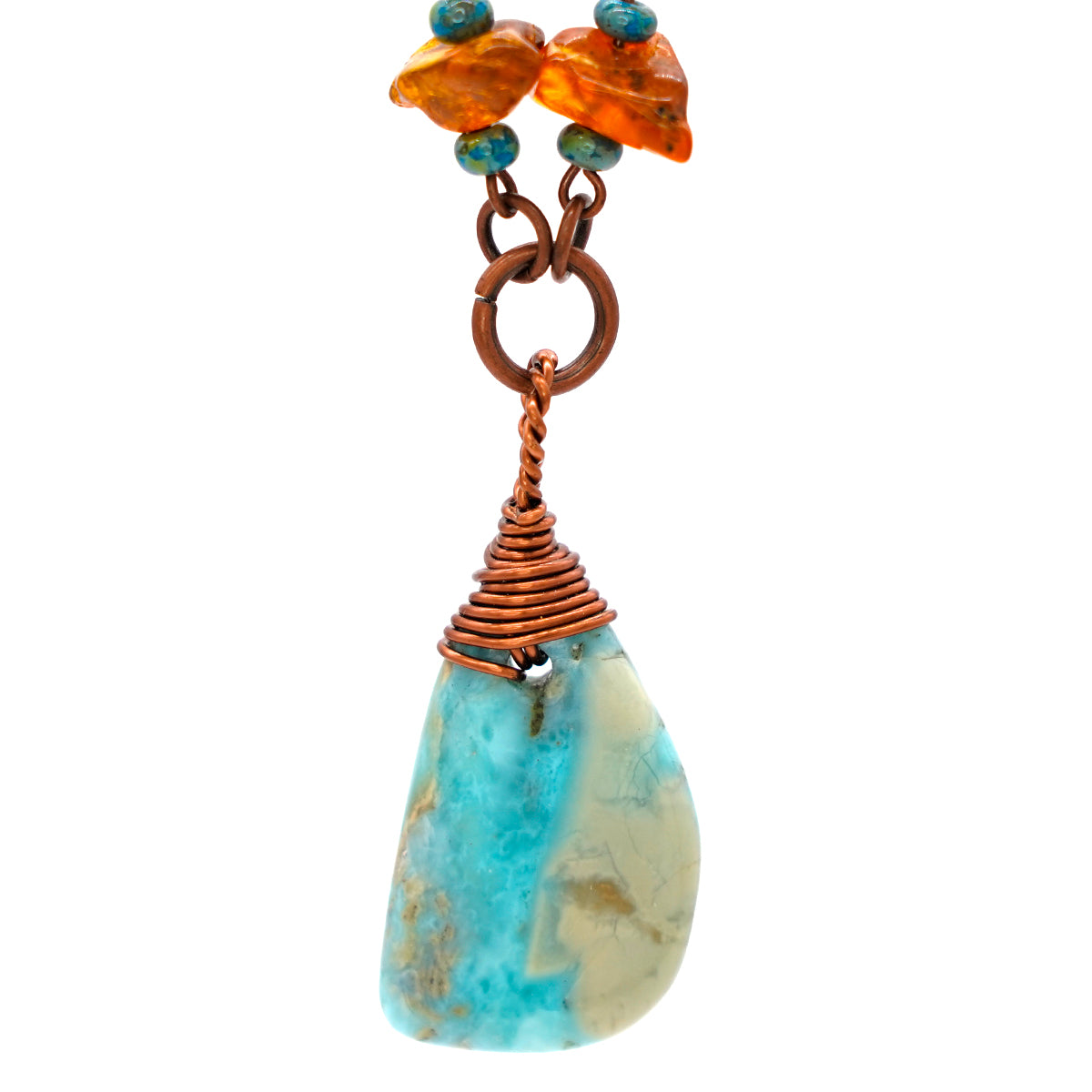 Copper Chain Necklace with Dominican Larimar, Turquoise, Agate, and Baltic Amber