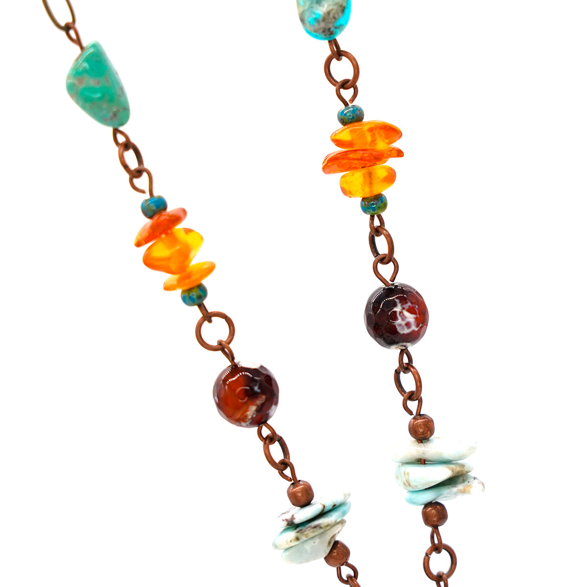 Copper Chain Necklace with Dominican Larimar, Turquoise, Agate, and Baltic Amber