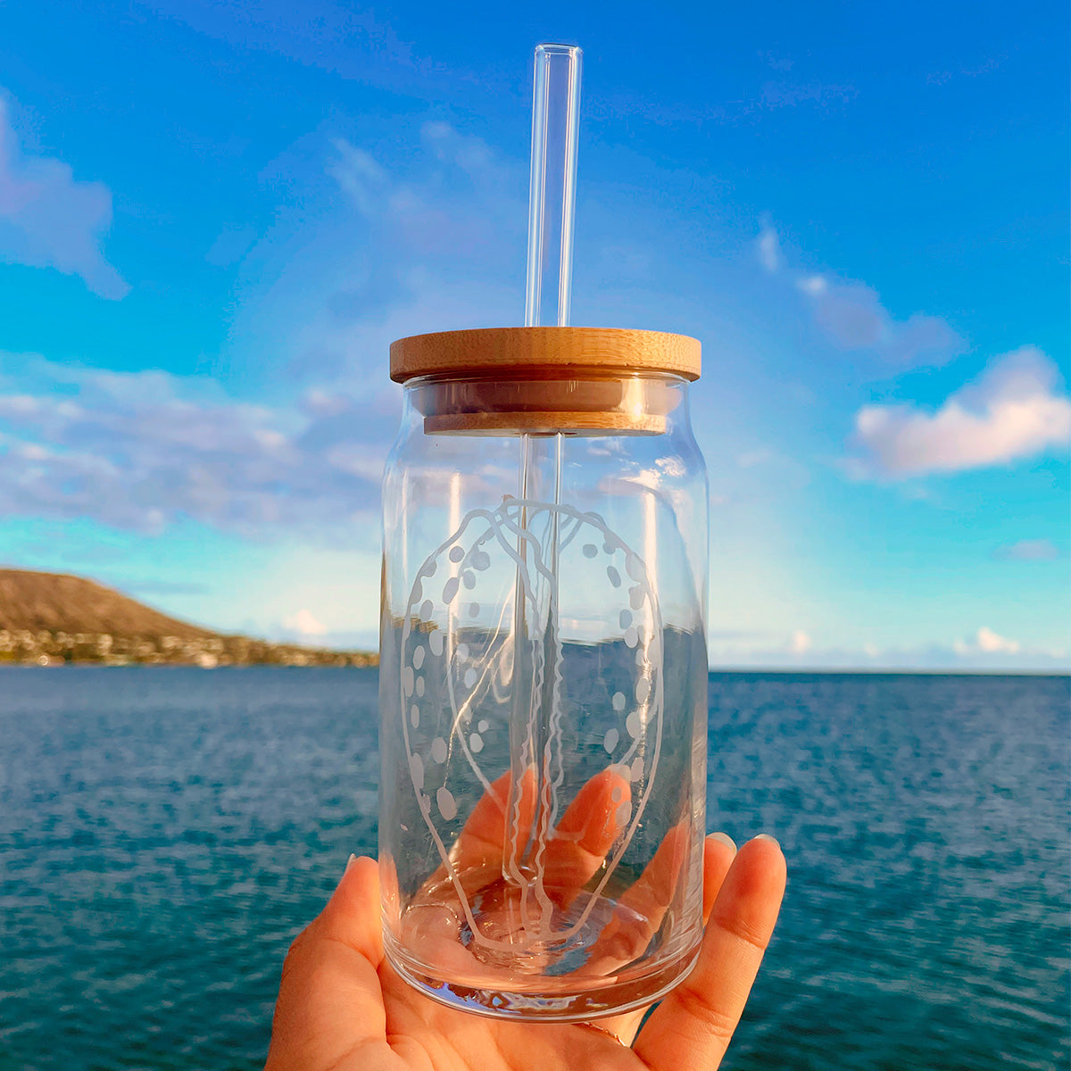 Hand Etched 16 oz Glass Tumbler with Lid & Straw - Cowrie Shell