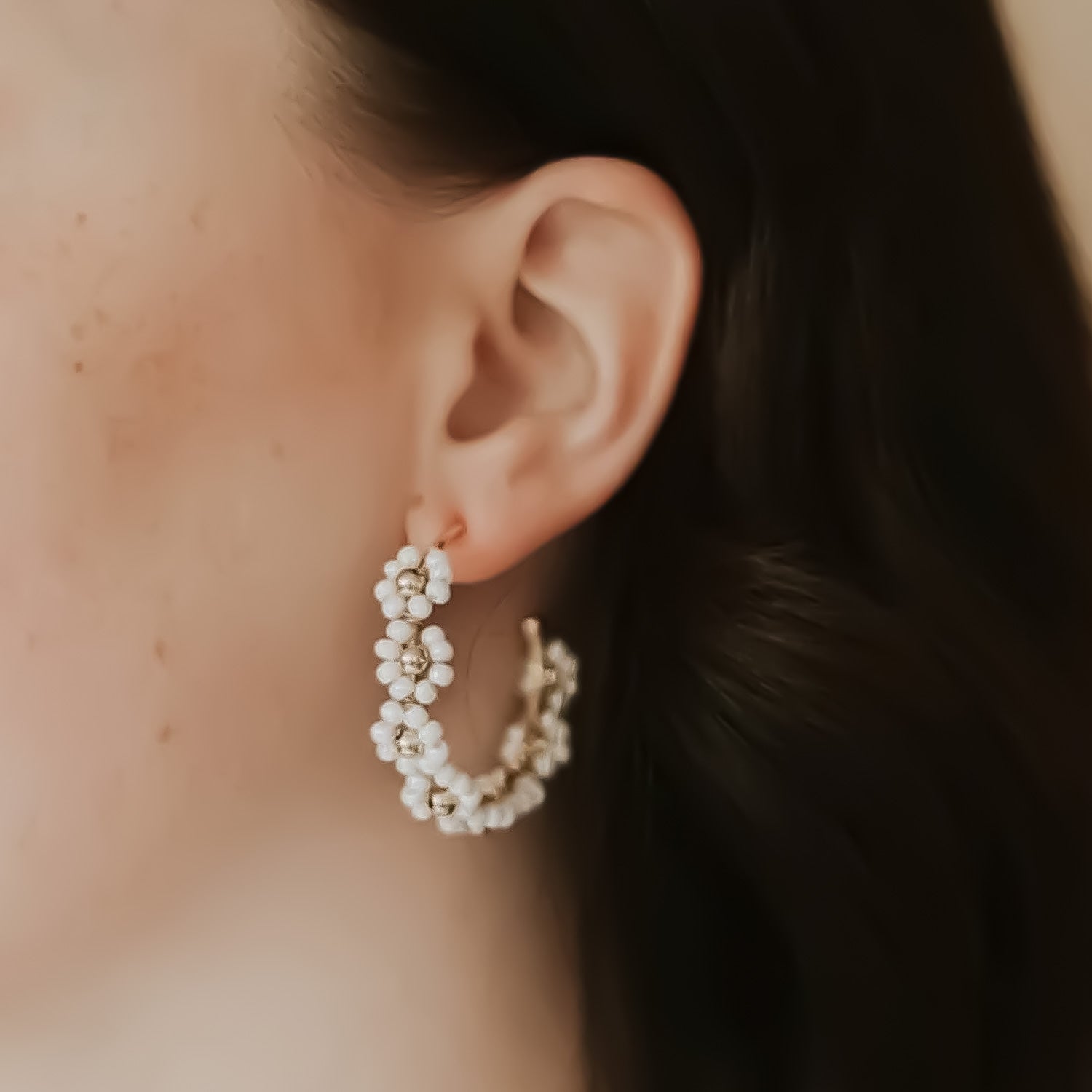 Delicate Glass Daisy 14k Gold Filled Hoop Earrings