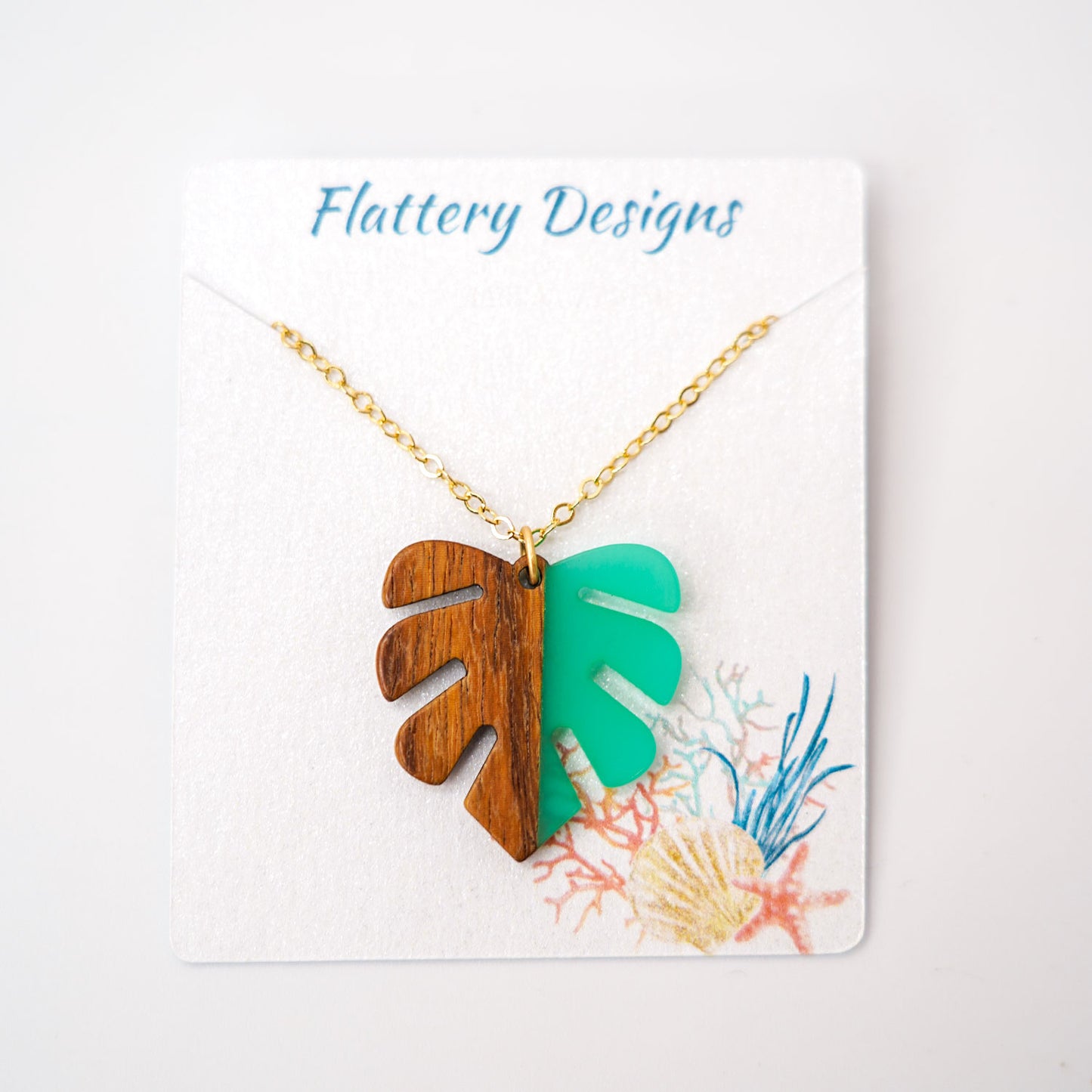 Monstera Resin & Dark Wood 18" Gold Necklace