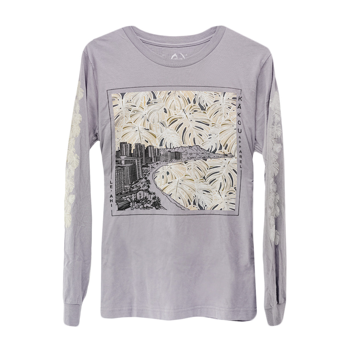 Lēʻahi Diamond Head Monstera Print Cotton Longsleeve - Gray