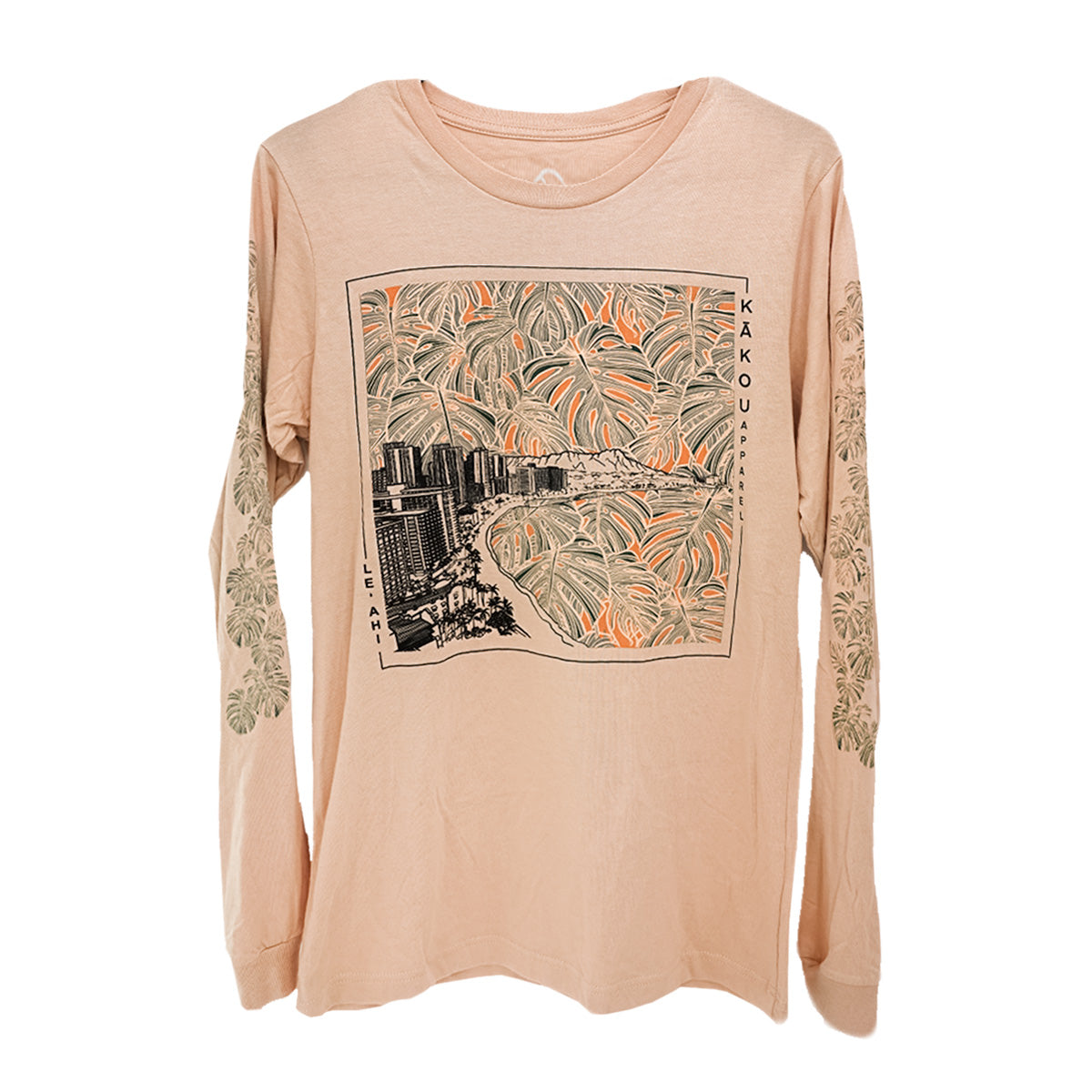 Lēʻahi Diamond Head Monstera Print Cotton Longsleeve - Neutral