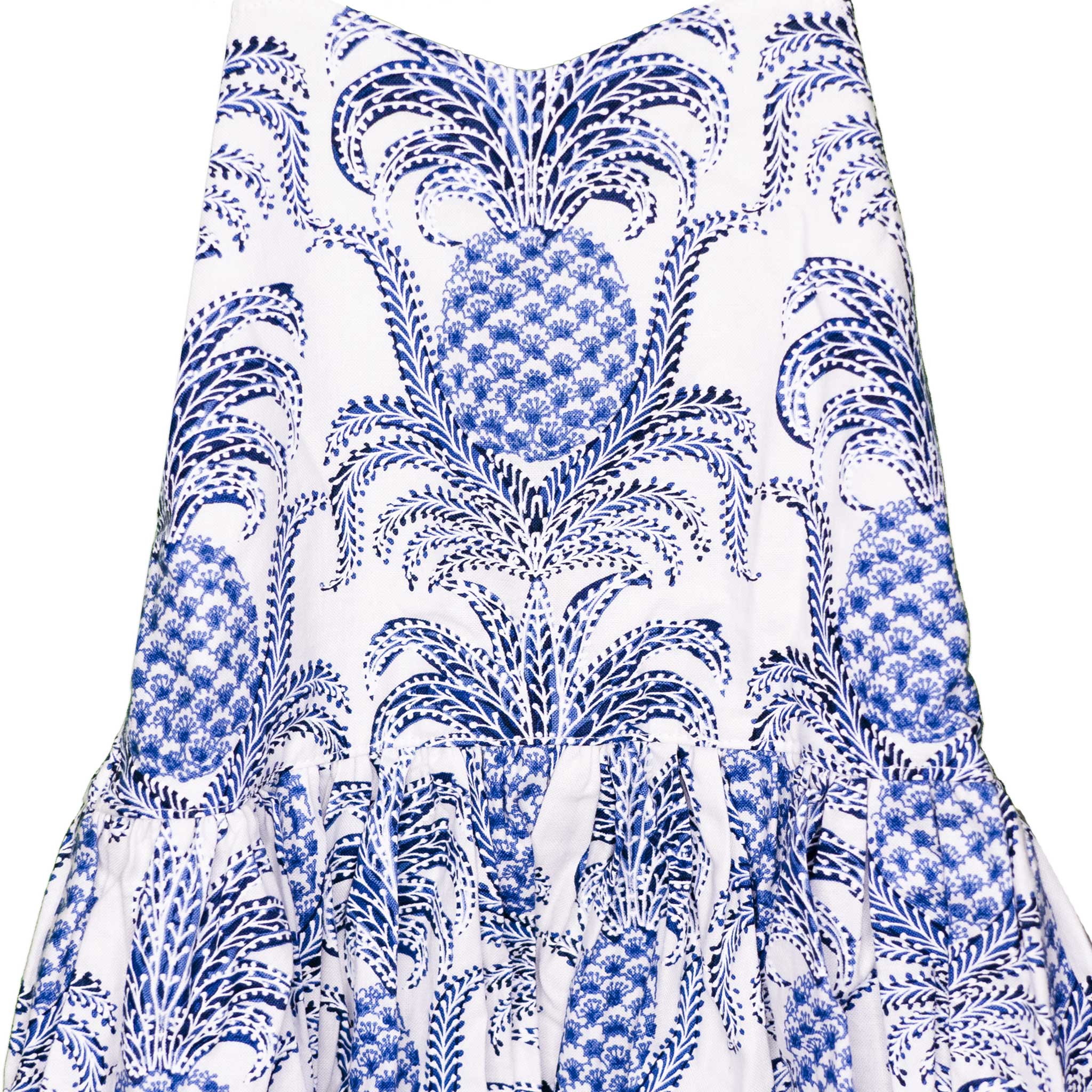Detailed look at the dress’s fitted bodice featuring vivid blue pineapple motifs framed by swirling foliage, paired with fine gathering at the waist for a gracefully structured silhouette.