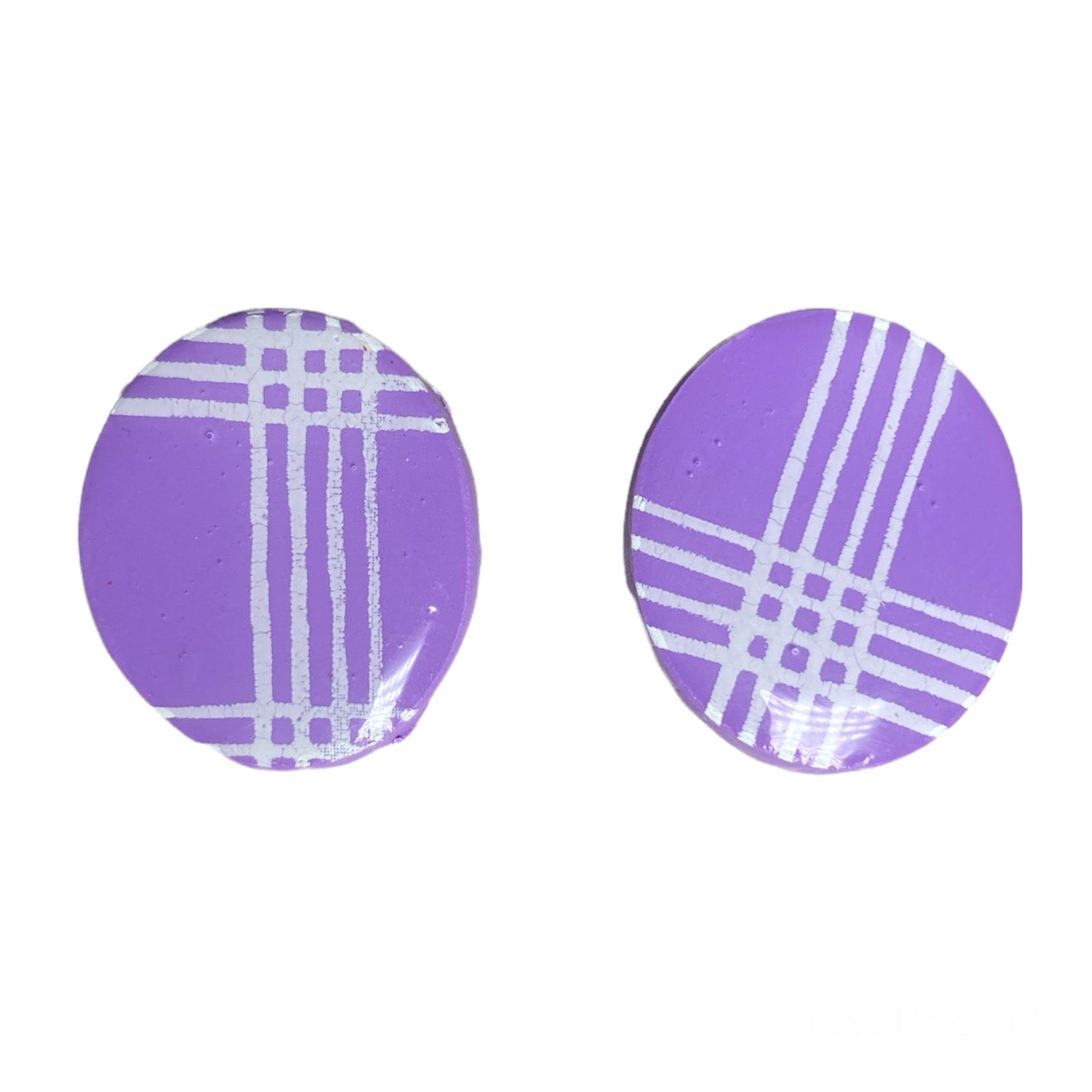 Lavender Palaka Print Clay Oval Stud Earrings