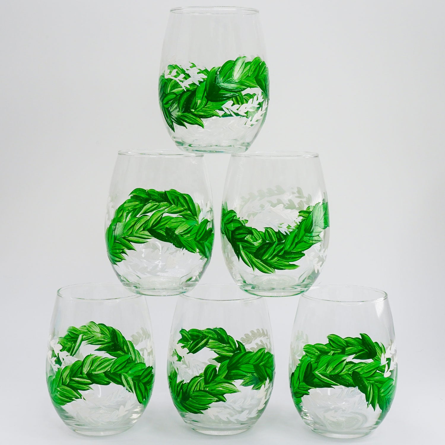 Hand-Painted Stemless Wine Glass Tumbler - Maile & Pīkake