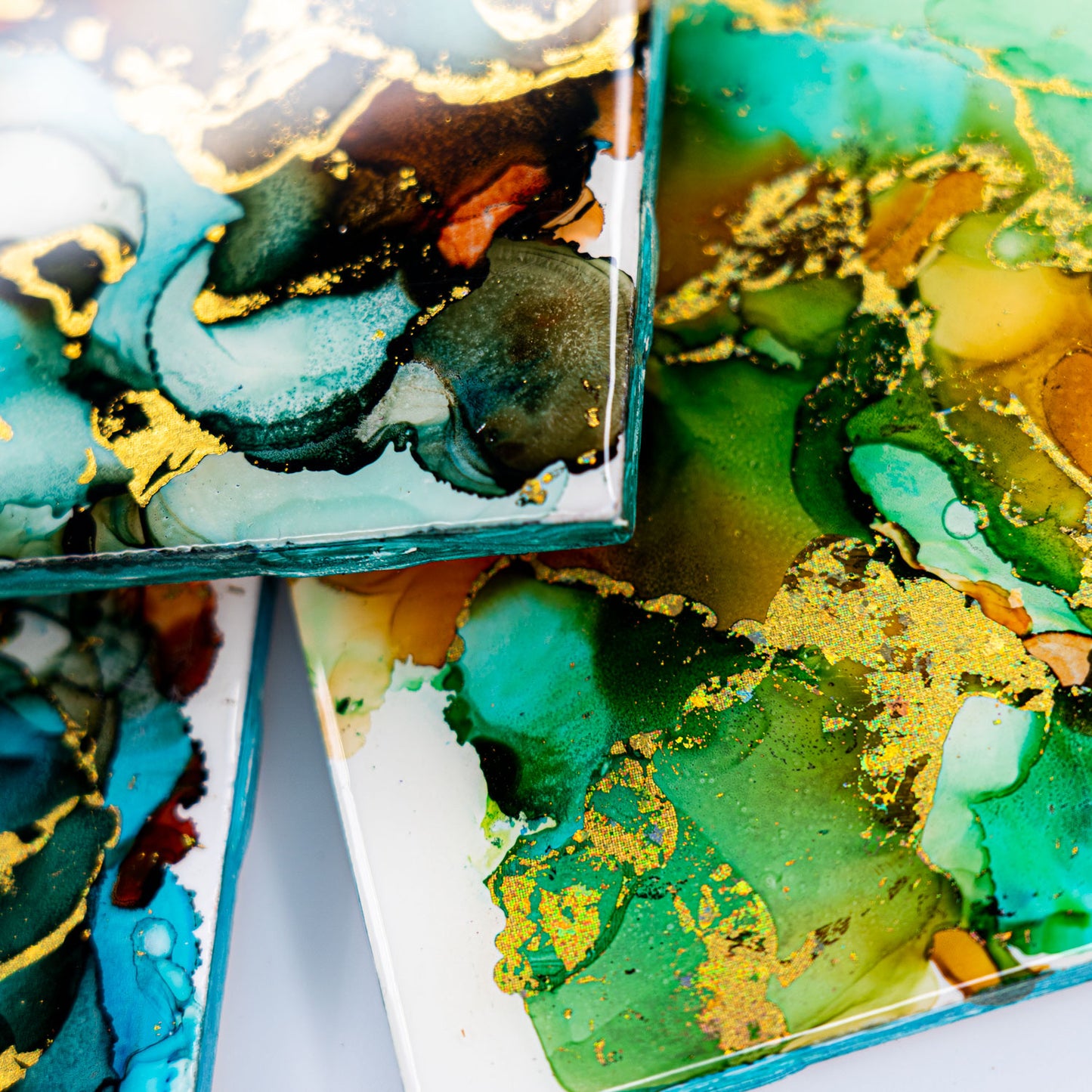 Hand-Painted Original Art Glossy Ceramic Coaster Set "Malachite"
