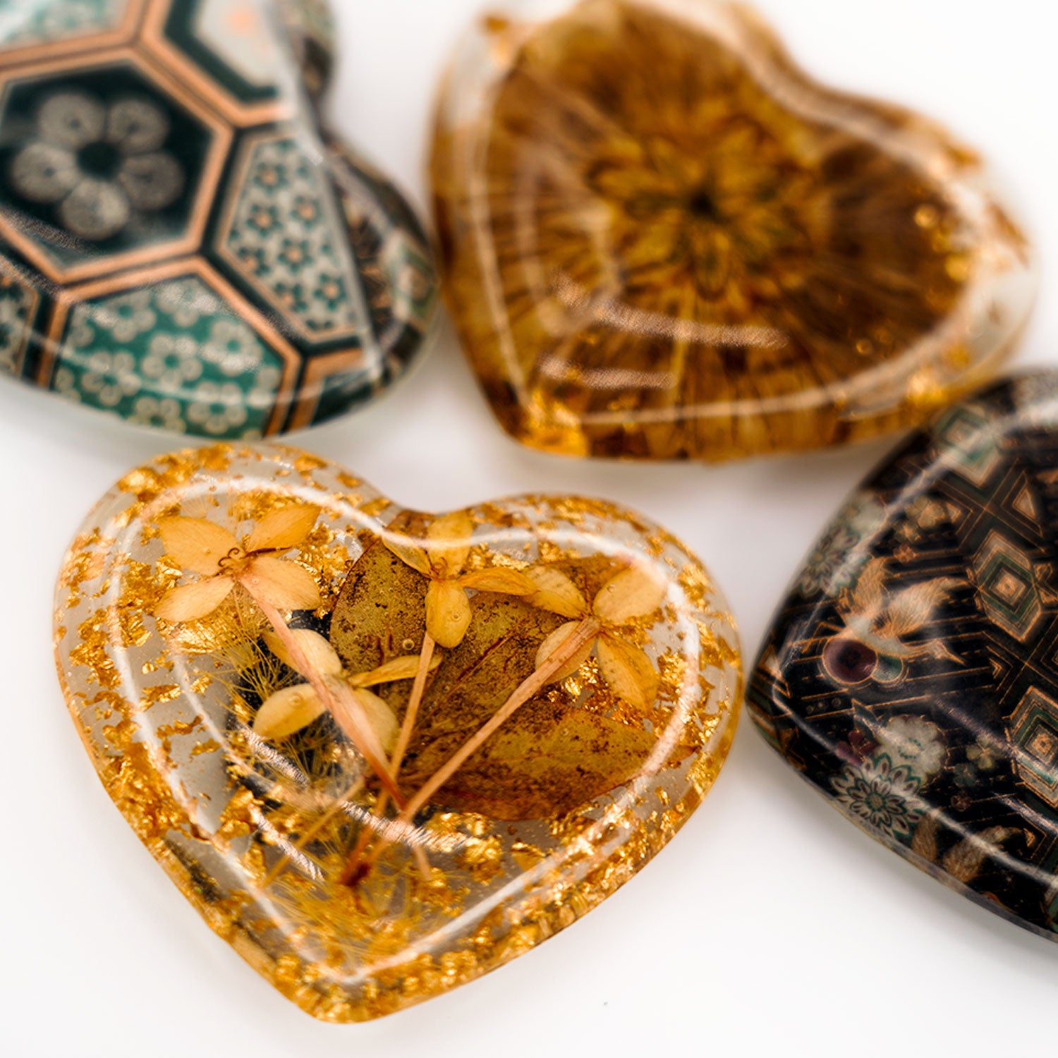 Green & Gold Polished Hearts Handmade Resin Fridge Magnets